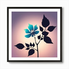 Branch with turquoise flower, purple, coral background Art Print