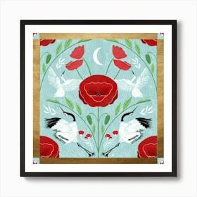 Red poppies and Cranes Art Print