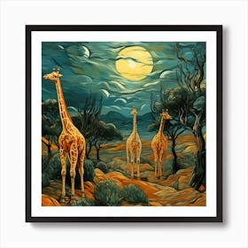 Giraffes At Night Art Print