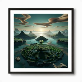 Surreal 3d Fantasy Landscape With Terraced Rice Fields At Sunrise Art Print