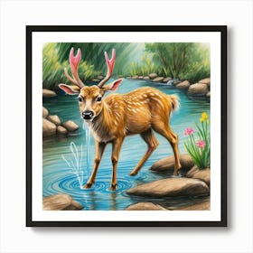 Deer In The Stream Art Print