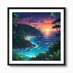 Tropical Beach Sunset Viewed From a Lush Forest Cliff at Dusk Art Print