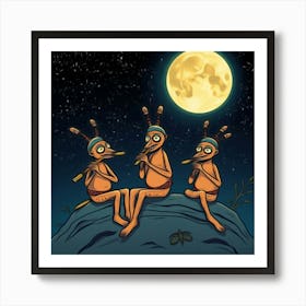 Three Indians In The Moonlight Art Print