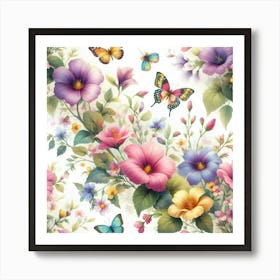 A beautiful watercolor painting of a garden in full bloom with colorful flowers and butterflies, featuring pink, purple, violet, and yellow flowers of various shapes and sizes, with green leaves and stems, set against a soft white background. Art Print