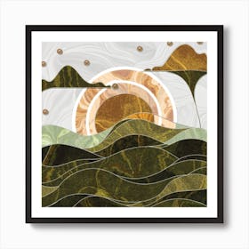 Straight and broken flowing lines and tree shapes, gold, sage, in the form of a tropical ocean. 7 Art Print