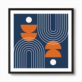 Mid Century Modern Geometric Abstract Rainbow, Moon Phases and Sun in Navy Blue Retro Burnt Orange Art Print