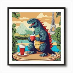 Godzilla In Hawaiian Style Drinking A Coffee In Fr Art Print