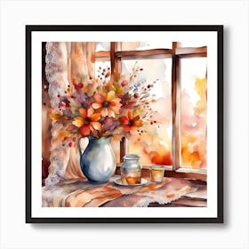 Watercolor Autumn Flowers On The Window Sill Art Print