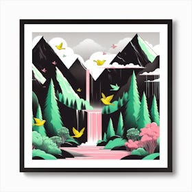 Waterfalls And Birds Art Print