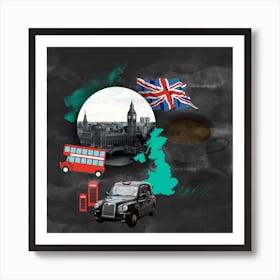 London UK United Kingdom Great Britain Big Ben Symbols Red Double Decker Cab union jack flag tea Art Print