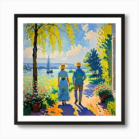 Couple Walking By The Lake Art Print