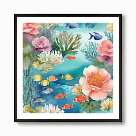 Peaceful Retreat Combine, Featuring Soft Watercolor Florals In Pastel Shades With C, COLOR FISHES, SEA ART, Under The Sea, Seamless Pattern With Corals And Fish Art Print