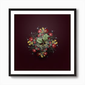 Vintage Bear Oak Leaves Floral Wreath on Wine Red n.2884 Art Print