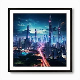 Bangkok Cityscape Set In A Futuristic Era Skyscrapers Ablaze With Neon Lights Merging Seamlessly W (2) Art Print