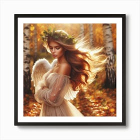 Beautiful Angel In Autumn Forest Art Print