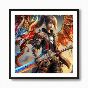 Girl With A Sword And Dragon Art Print