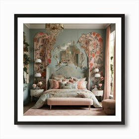 Bedroom With Floral Wallpaper Art Print