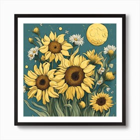 Sunflowers And Moon Van Gogh Style Art Print