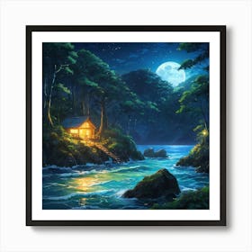 Moonlit Riverside Retreat Amongst Enchanted Forest at Night Art Print