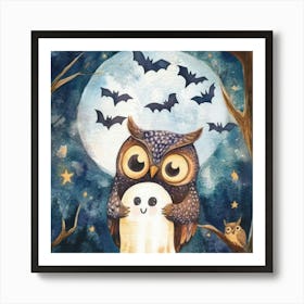 Owl drawing with Ghost Art Print