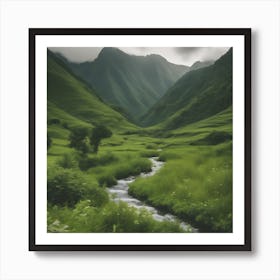 A Landscape Amidst Mountains Greenery And A Small Water Stream (1) Art Print