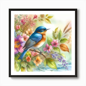 Blue Bird With Flowers Art Print