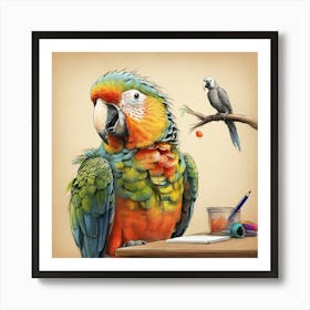 Parrots On A Desk Art Print