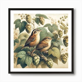 Two Birds Perched On A Branch Art Print Art Print