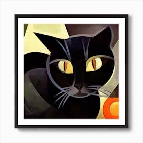 Black Cubist Cat With Orange Art Print