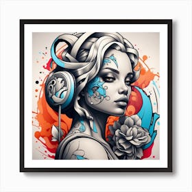 Tattooed Girl With Headphones Art Print