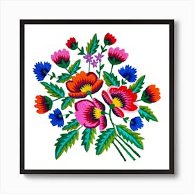 Grandmommy Flowering Bouquet - Poppy Cornflower Violet - Green Leaves - Blossom - Satin Stitch Obereg Embroidery from my Grandma 1 Art Print