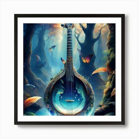 Firefly Banjo, Water, Enchanted, Forest, Kaleidoscope, Colors, Magical, Nature, Music, Instrument, F (9) Art Print