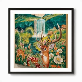 Deer And Waterfall Art Print