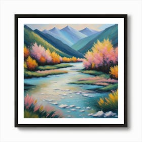 Autumnal Elegance: Serene River Flowing Through Vibrant Valley wall art. Art Print