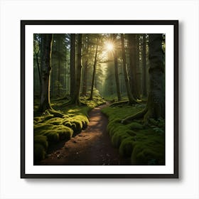 A Tranquil Forest Path With Sunlight Streaming Through The Trees And A Carpet Of Moss 2 Art Print