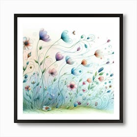 Whimsical Watercolor Painting Of Whimsical Wildflowers Dancing In The Wind, Style Watercolor Illustration 1 Art Print
