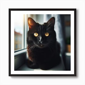 Black Cat Sitting On Window Sill 1 Art Print