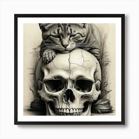 Skull with a black cat on top of the forehead sleeping Art Print