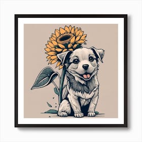 Dog With Sunflower Art Print