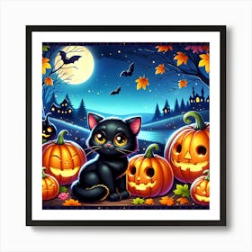 Halloween Black Cat Pumpkins Art Print