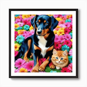 Photography Of Cute Dog and Cat Friendship Art Print