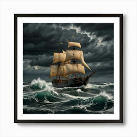 Sailing Ship In Stormy Sea Art Print