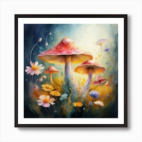 Mushrooms And Flowers Ethereal Watercolor Techniques Art Print