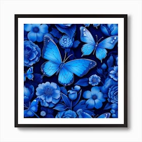 Blue Flowers And Butterflies 2 Art Print
