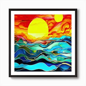 Sun Sea And Harvest Moon - Sunset Over The Ocean Art Print