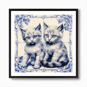 Kittens Cats Delft Tile Illustration 2 Art Print