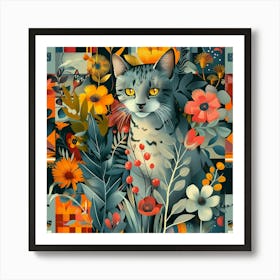 Cat With Flowers 3 Art Print