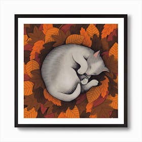 Sleeping Cat In Autumn Leaves Art Print