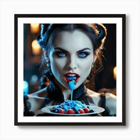 Vampire Woman Eating Dessert Art Print