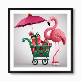 Pink Flamingo With Shopping Cart Art Print